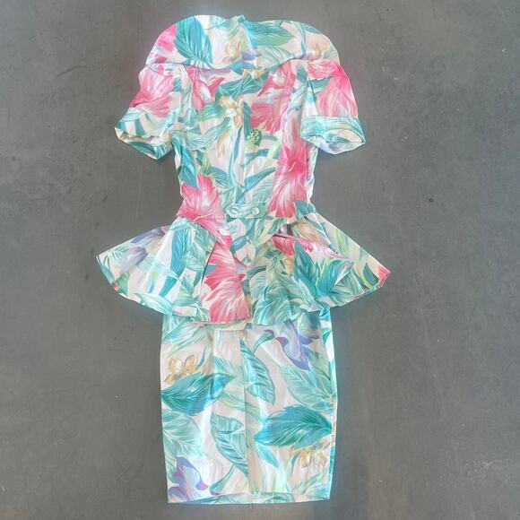 Vintage 1980s Karen Alexander Floral Peplum Midi Dress 6 Small - Picture 2 of 5